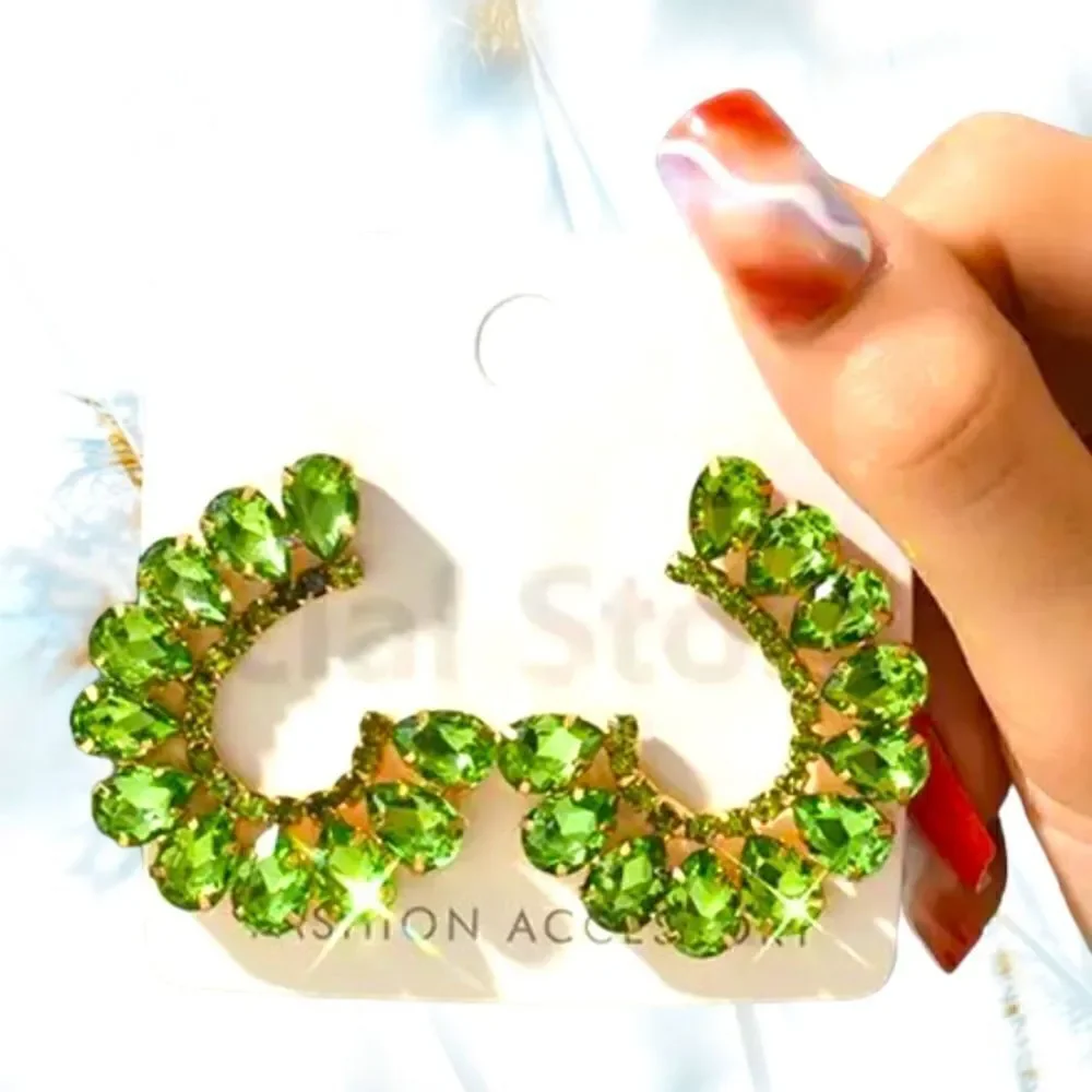 GREEN EMERALD COLORED LUXURY EARRINGS WOMEN CRYSTAL GOLD